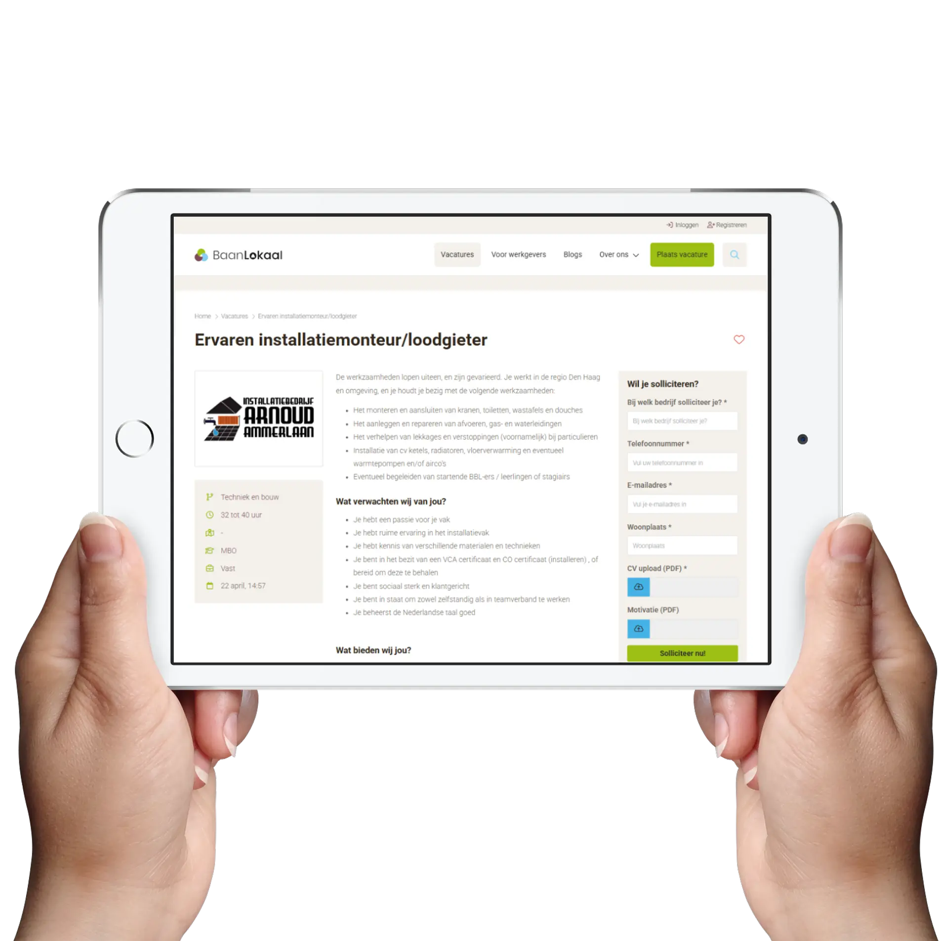 Screenshot van de beschrijving van een vacature op een lokale vacature website , gemaakt met JobSaaS