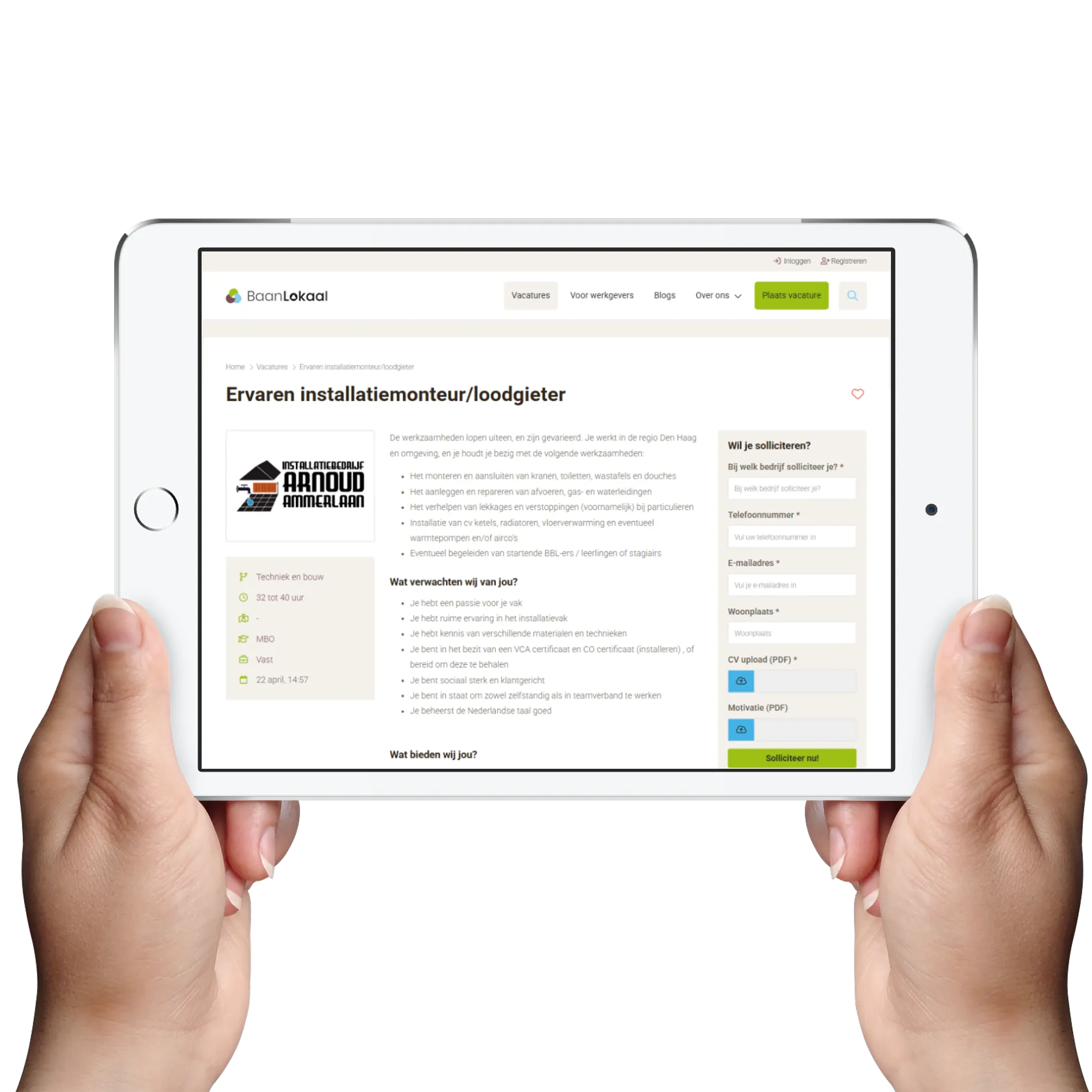 Capture d'écran d'une page de détails d'emploi avec un formulaire de candidature sur un site d'emploi local, construit avec JobSaaS
