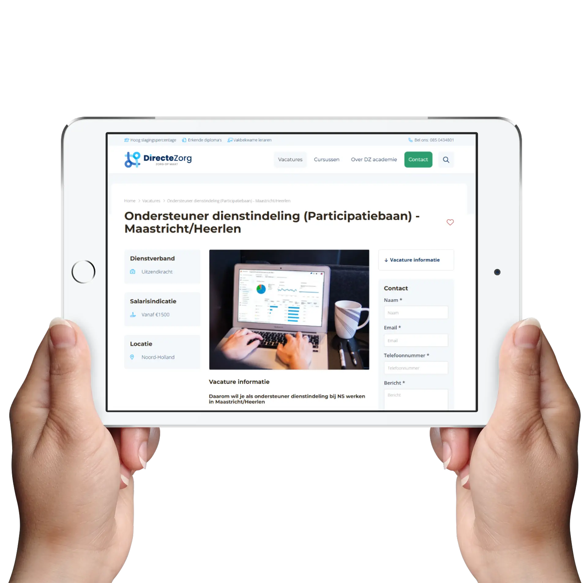 Alternatieve weergave van een vacature op tablet, met focus op leesbaarheid en conversiegerichte informatieopbouw. Gemaakt met JobSaaS.