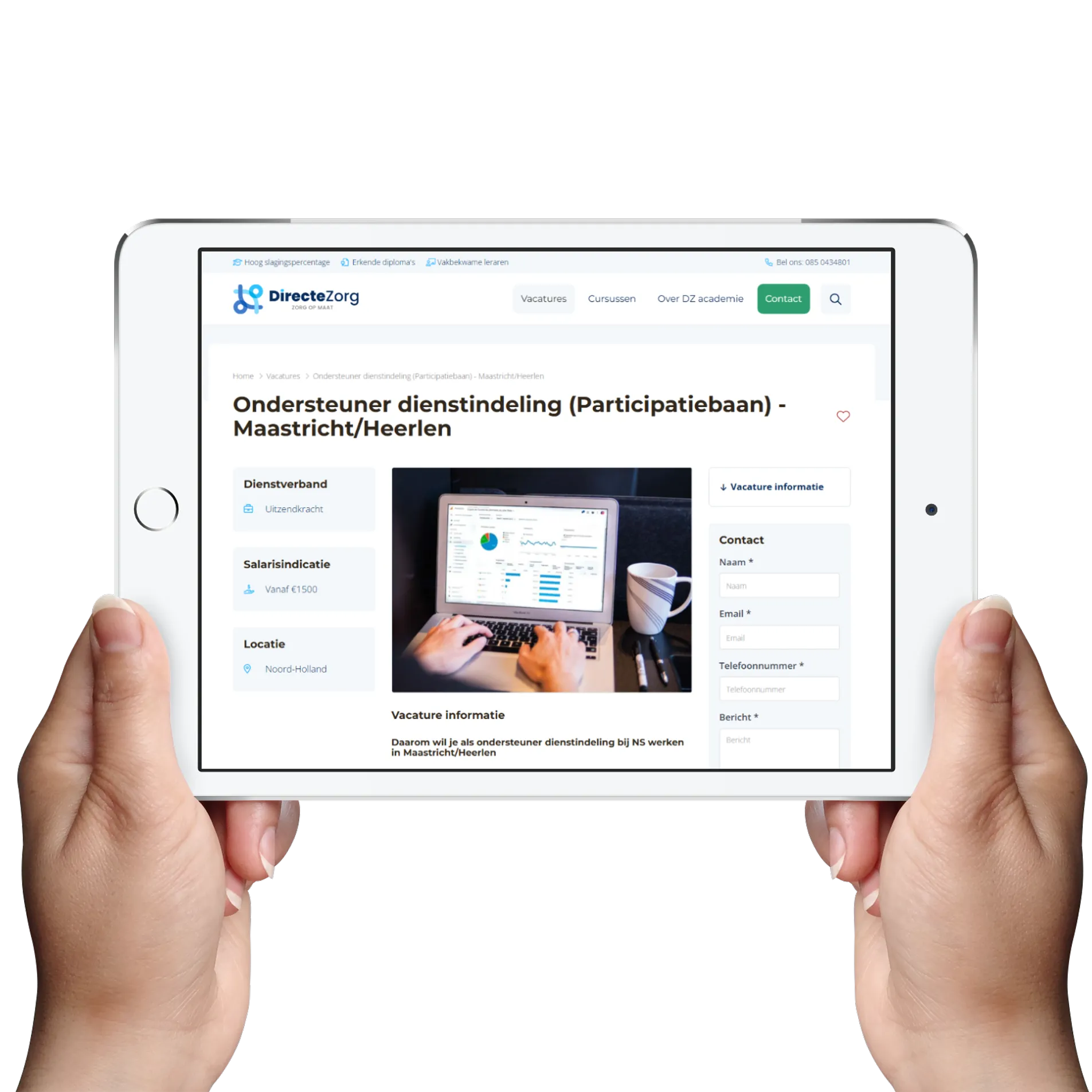 Vista alternativa de un trabajo en tableta, centrada en la legibilidad y la estructura de información orientada a la conversión. Creado con JobSaaS.