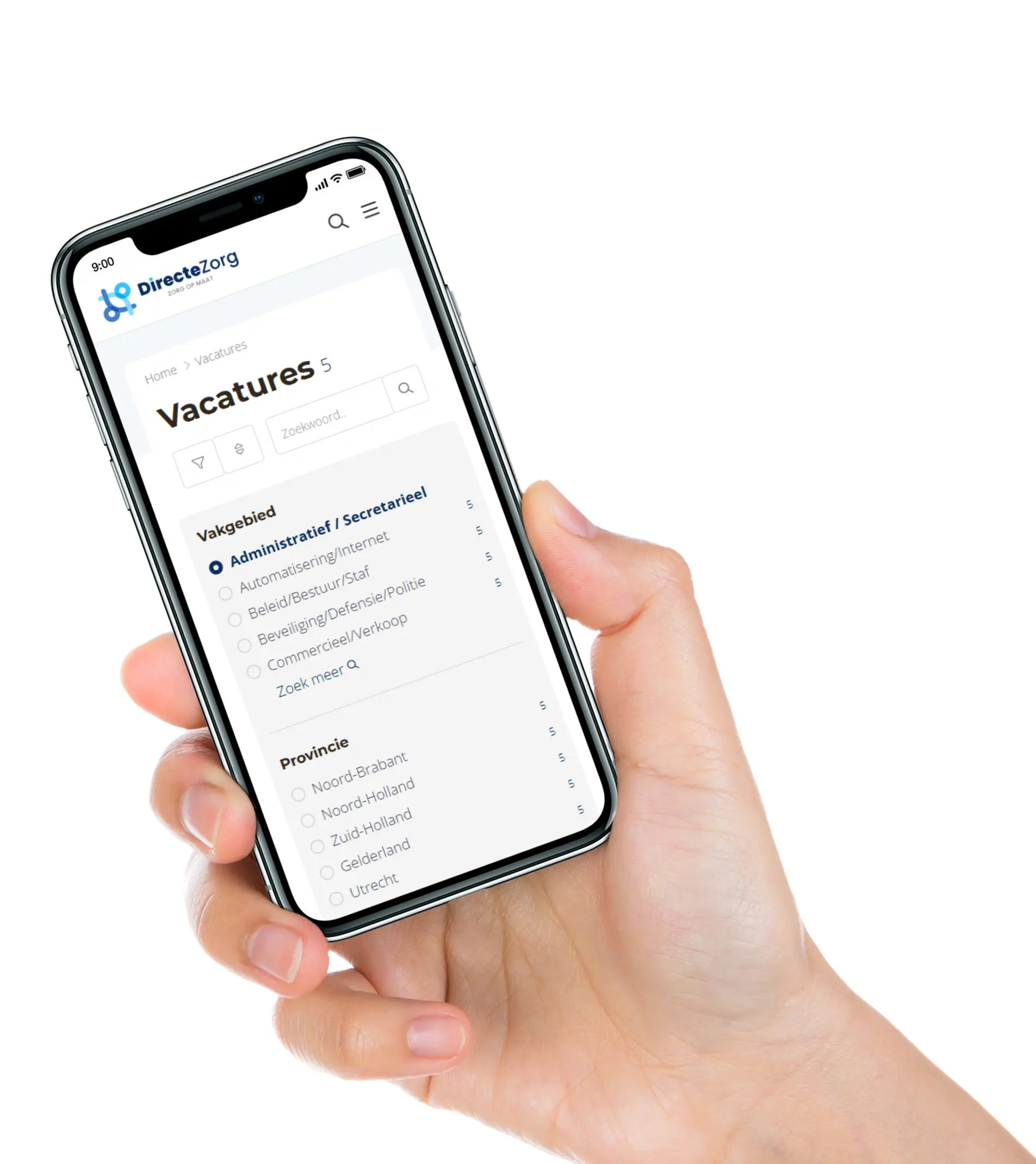 Mobiele interface met zoekfilters en job alerts, waarmee gebruikers eenvoudig relevante vacatures kunnen vinden en updates kunnen ontvangen. Gemaakt met JobSaaS.