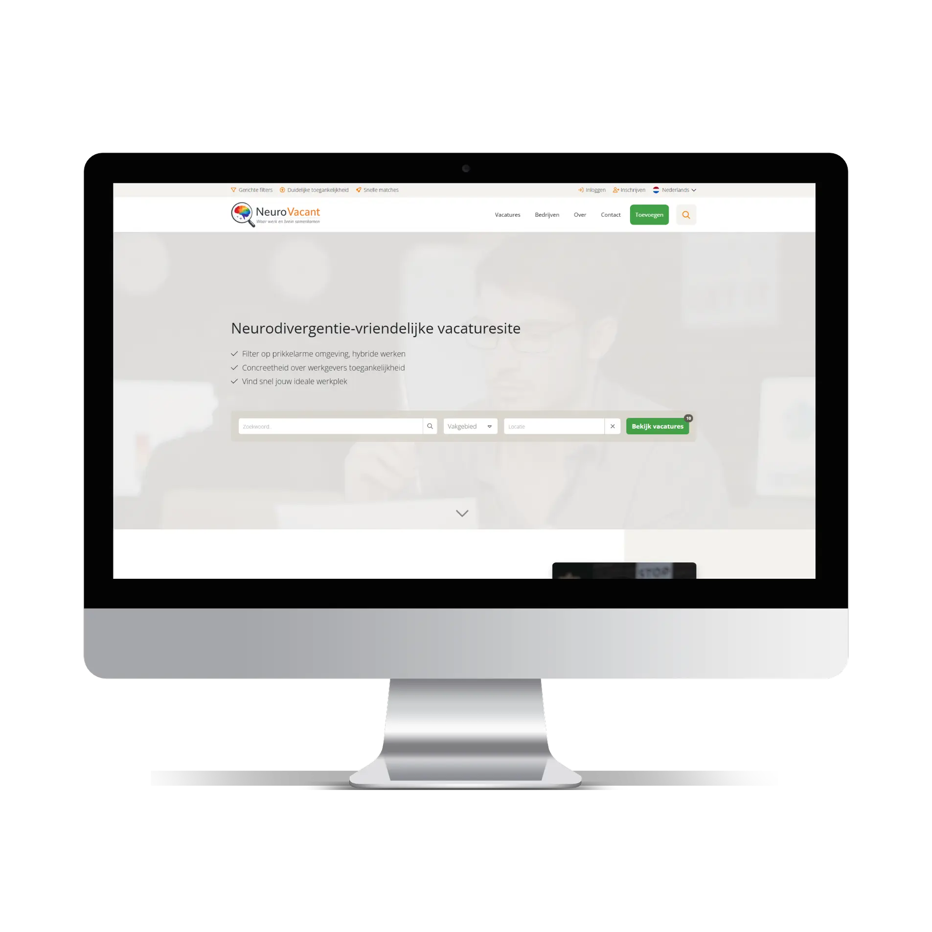 Homepage van het NeuroVacant vacatureplatform, ontwikkeld met JobSaaS voor een duidelijke en gebruiksvriendelijke jobboard ervaring.