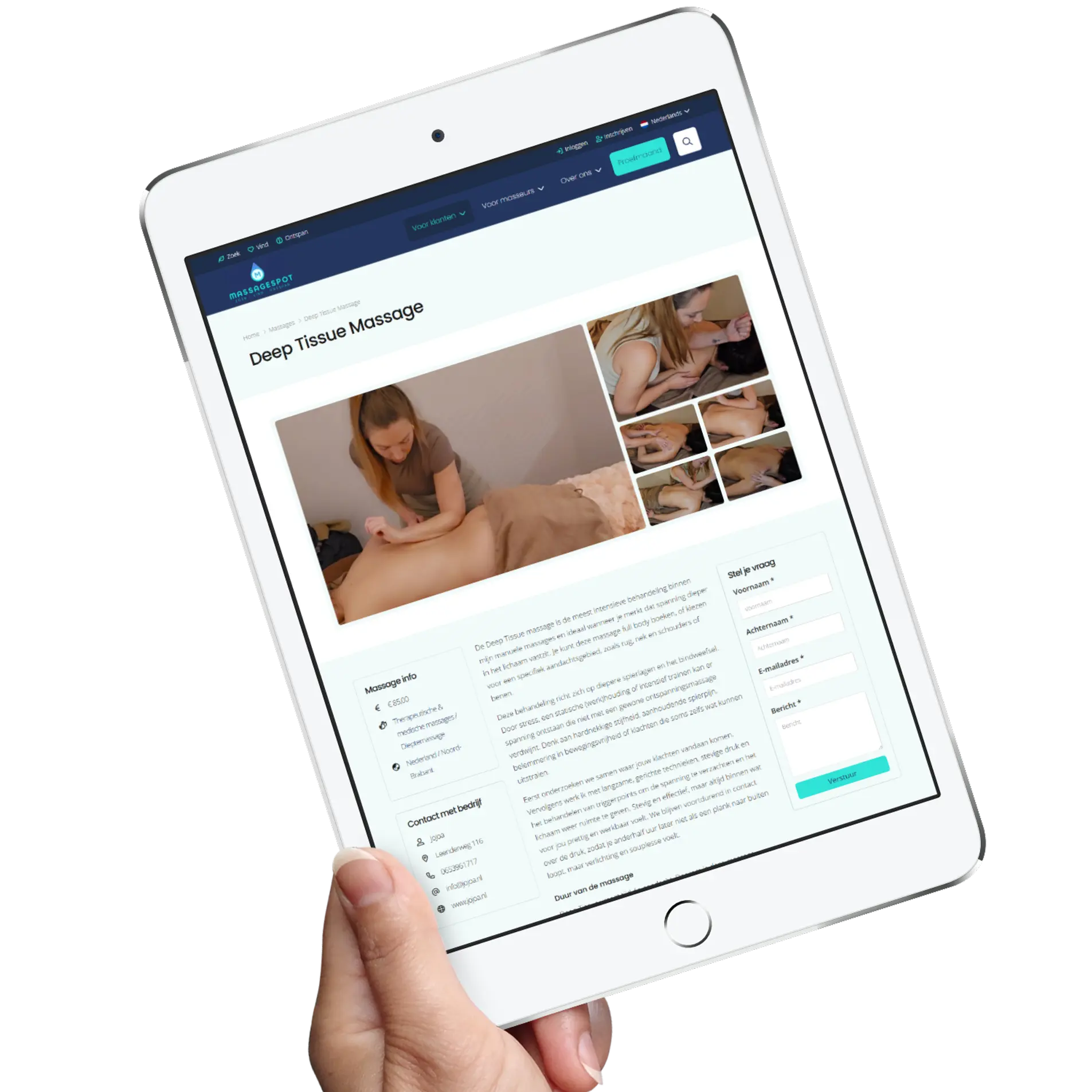 Detailweergave van een massage met uitgebreide informatie en duidelijke presentatie voor gebruikers.