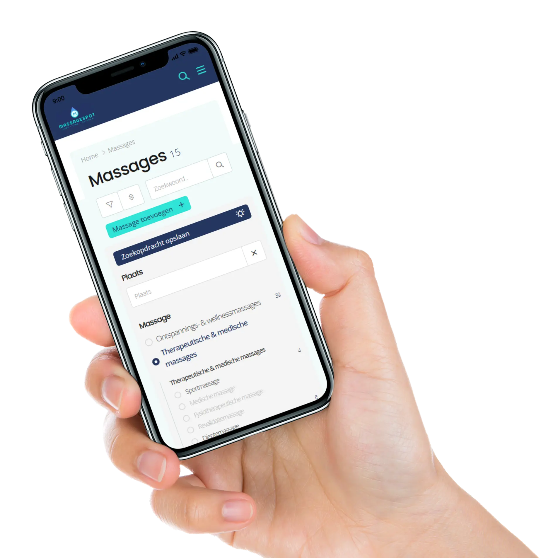 Mobiele filter- en jobalert functionaliteit binnen MassageSpot waarmee gebruikers eenvoudig relevante vacatures kunnen vinden.