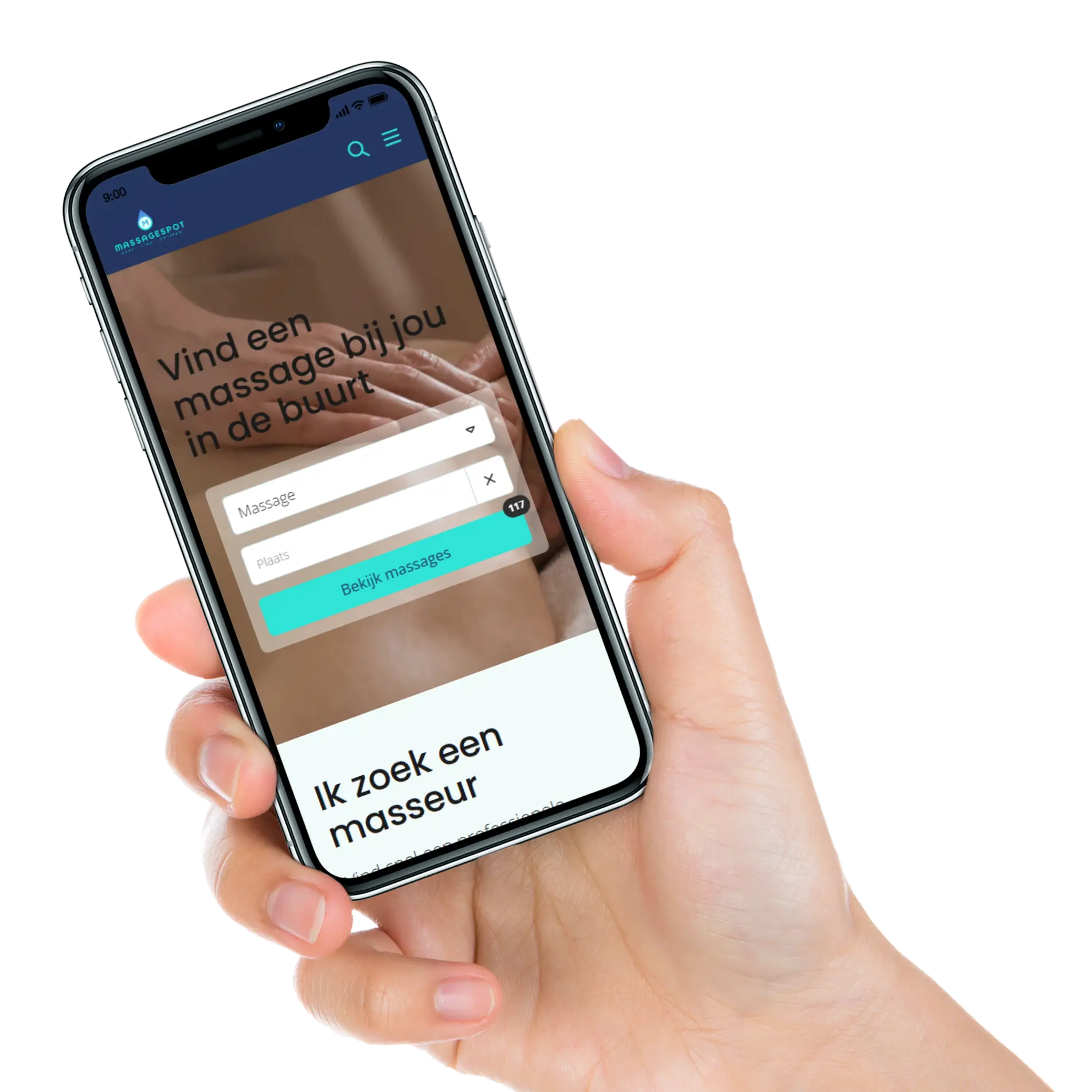 Mobiele weergave van het MassageSpot platform, ontwikkeld met JobSaaS voor een gebruiksvriendelijke ervaring op smartphone.