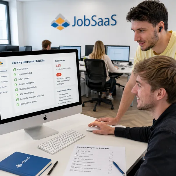Two JobSaaS specialists working in the office on a website for a recruitment agency Two JobSaaS specialists working on the development of a professional recruitment agency website. The image shows how JobSaaS helps recruitment agencies with a modern vacancy website for candidates, jobs and online applications.
