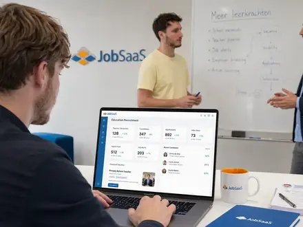Entrepreneur building a job board on the JobSaaS dashboard while the team discusses the recruitment strategy.