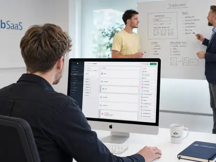 Un equipo analiza la estructura, los filtros y el proceso de solicitud de un nuevo portal de empleo mientras configura la plataforma con el software de JobSaaS.