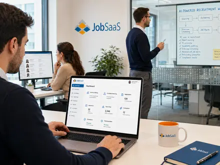 A modern recruitment team using AI-powered workflows for vacancy writing, candidate matching, automation, compliance and implementation, shown in a bright JobSaaS office environment.