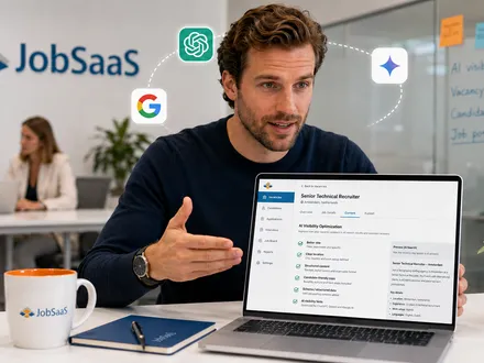 Een recruiter toont op een laptop hoe een vacature wordt geoptimaliseerd voor AI-zoekmachines zoals ChatGPT, Gemini en Google AI. De afbeelding laat zien hoe uitzendbureaus hun vacatures beter vindbaar kunnen maken en zo meer kandidaten en personeel bereiken.