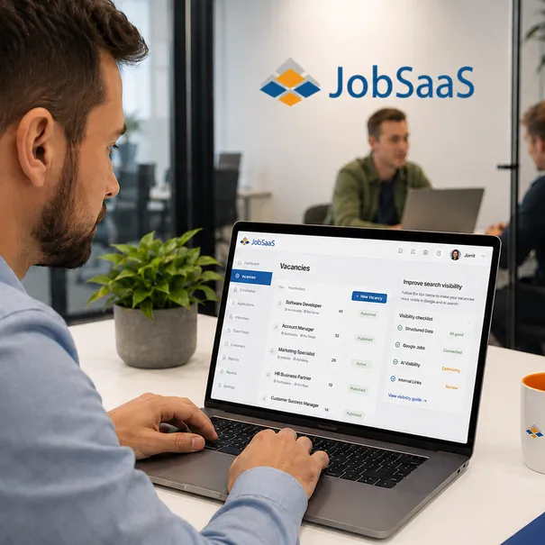 Employee optimising a recruitment agency job site with a discussion in the background An employee optimises a recruitment agency job site with job site builder while two JobSaaS colleagues discuss in the background. The image reflects managing and improving your own recruitment agency website.