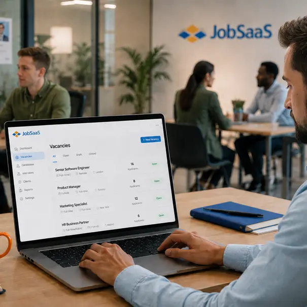 Een specialist van JobSaaS bekijkt het JobSaaS-dashboard met vacatures van een klant. Op de achtergrond werken collega’s op kantoor. De afbeelding sluit aan bij het beheren van vacatures binnen een uitzendbureau website